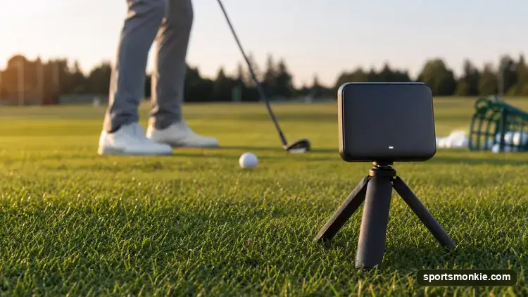 Garmin Approach R10 launch monitor on a tripod facing a golfer hitting into a simulator screen