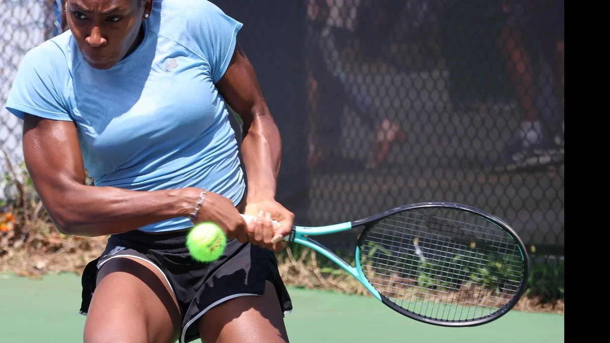 File photo from the 2023 DC Open: Coco Gauff hitting a backhand in practice. It does not show the October 27 training drills in her Instagram Stories.