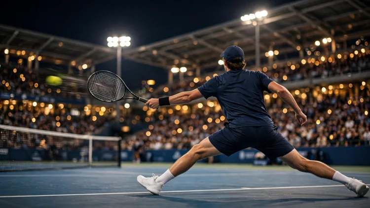 A generic young tennis player seen from behind, stretched full width behind the baseline to return a serve on a night hard court in a large stadium, editorial graphic