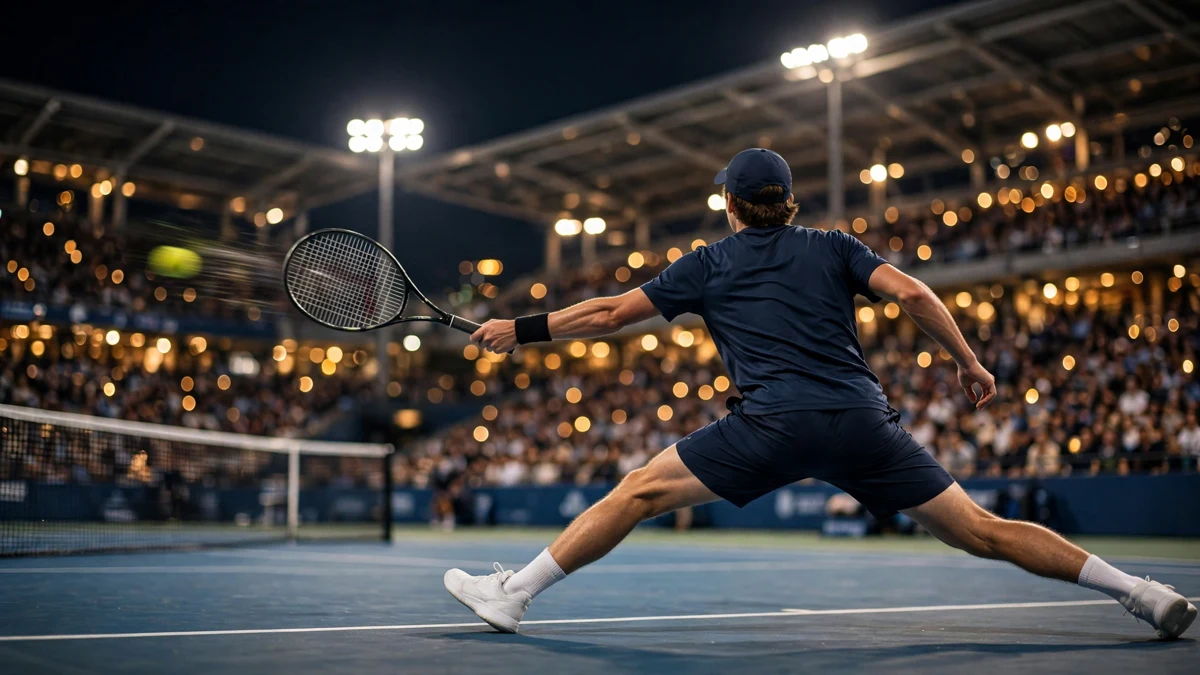 A generic young tennis player seen from behind, stretched full width behind the baseline to return a serve on a night hard court in a large stadium, editorial graphic