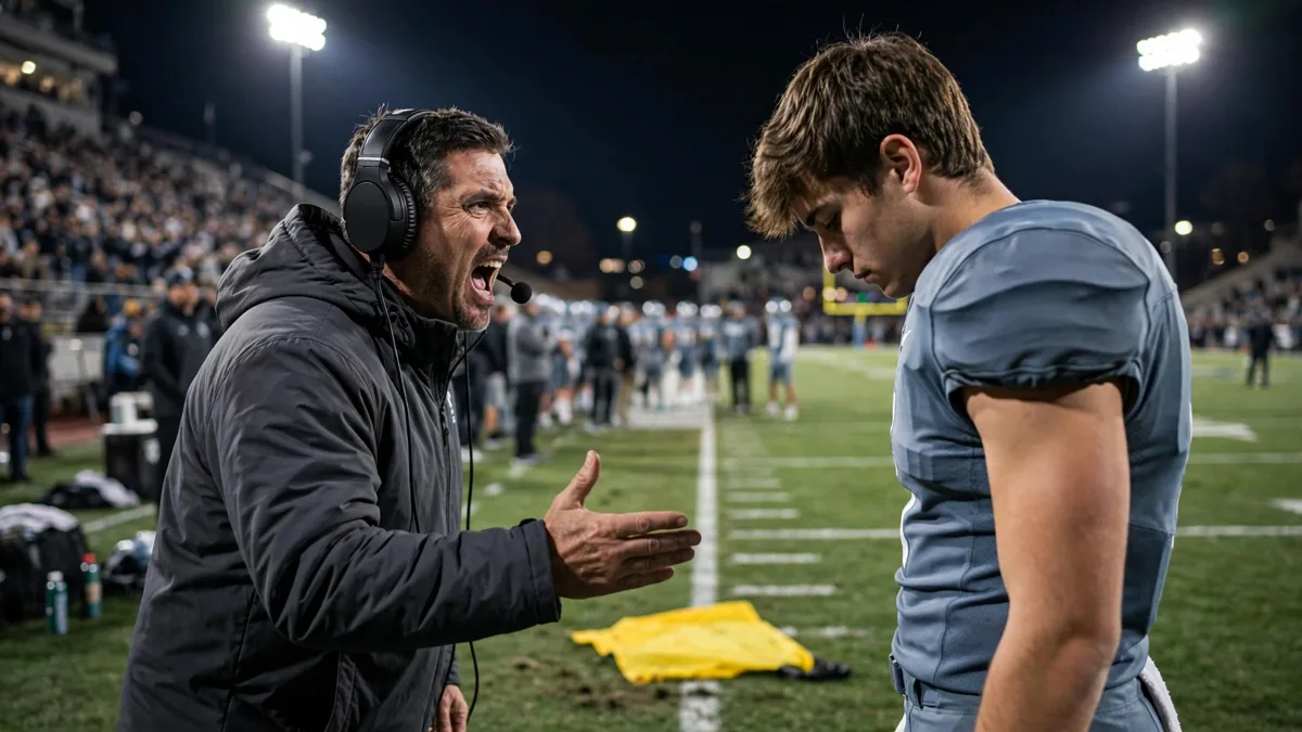 A college football coach shouting at a player on a sideline at night while a referee's flag lies on the turf nearby and stadium lights glare, generic unbranded uniforms, editorial graphic