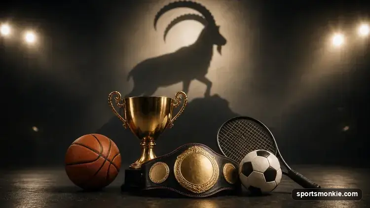 A collage of iconic sports trophies with a GOAT silhouette, representing the greatest-of-all-time debate