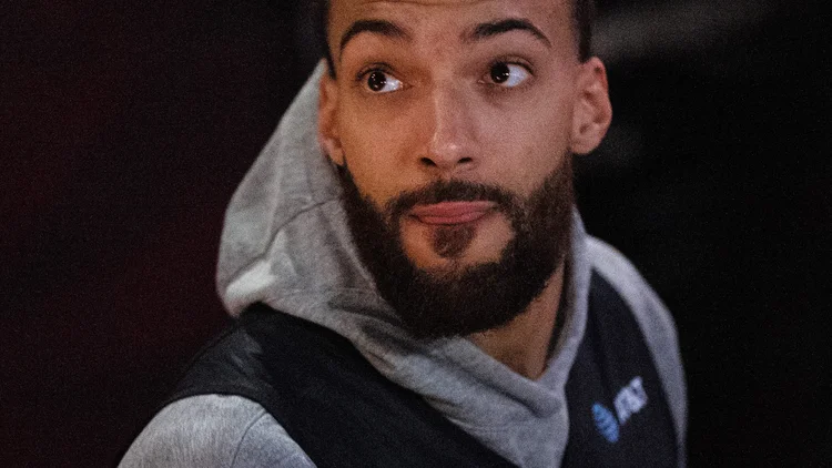 File photo from 19 February 2022: Rudy Gobert in All-Star warm-up gear in Cleveland. It was not taken in Minnesota and does not show the bench exchange with Ball and Kuminga.