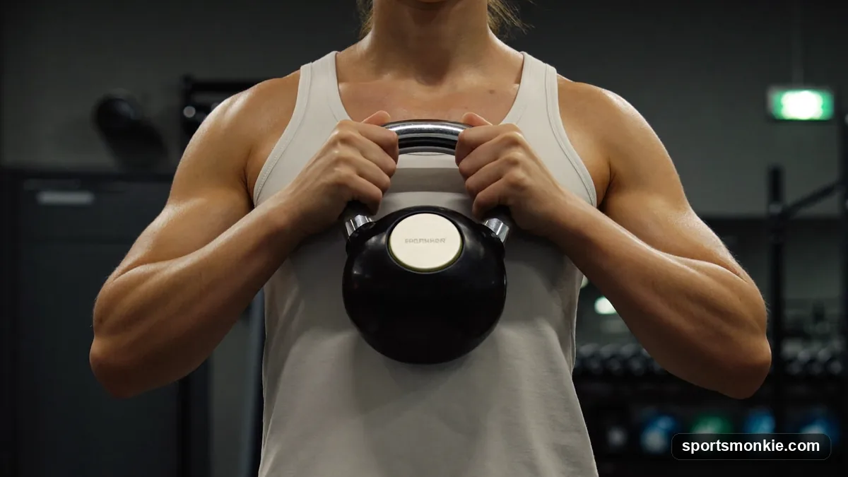 A lifter demonstrating correct goblet squat form holding a kettlebell at chest height at the bottom of a deep squat