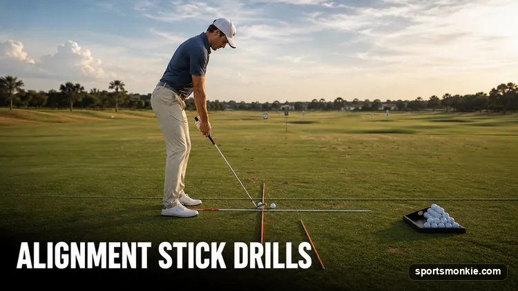 A golfer setting up two alignment sticks on the range as railroad tracks to train aim and swing path