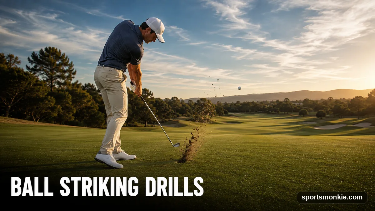 A golfer taking a ball-first divot with an iron on the practice range