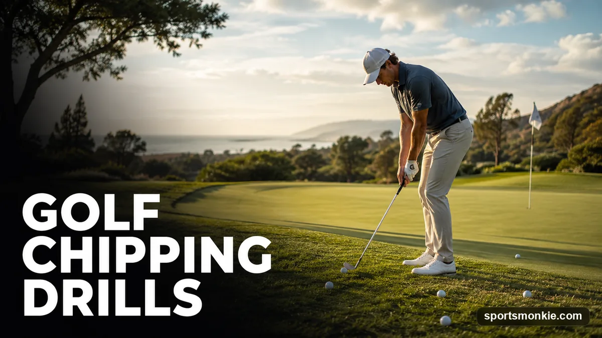 A golfer practicing chip shots to a landing-spot towel on a practice green