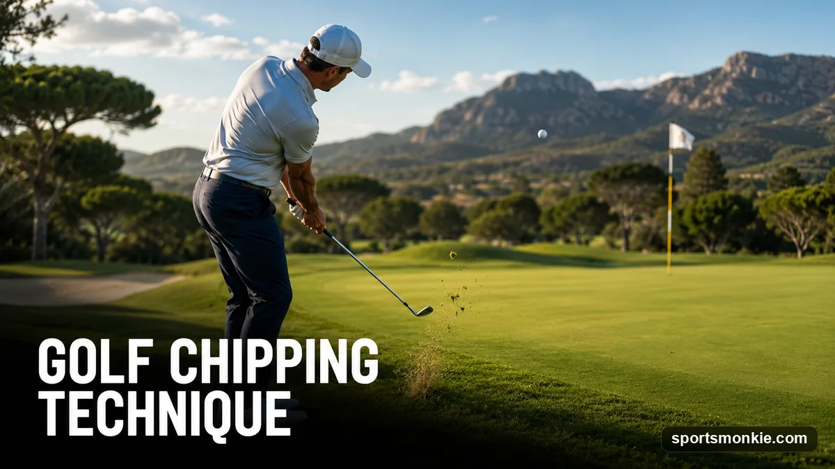 Golfer at address for a chip shot with a narrow stance, ball back, and hands ahead of the clubhead