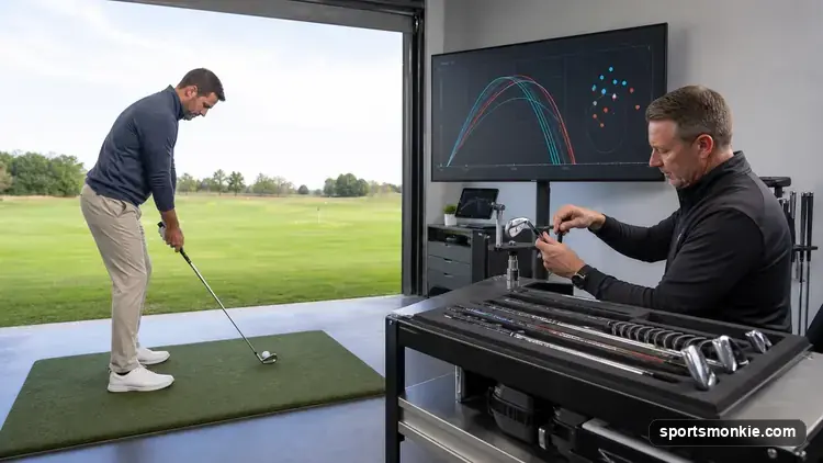 Golfer being fitted for a driver using a launch monitor and shaft testing rack in a golf fitting bay