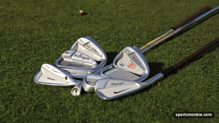A full set of golf irons and wedges fanned out on green turf, faces angled to catch the sun