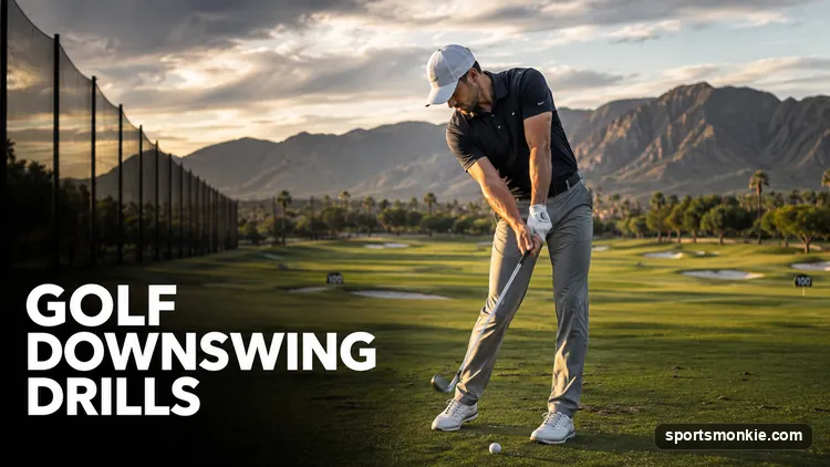 A golfer starting the downswing with the lower body while the arms trail behind