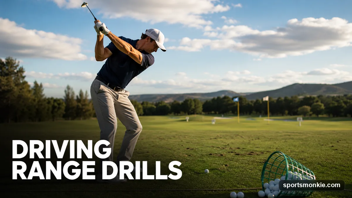 A golfer running a target-based random practice drill on the driving range