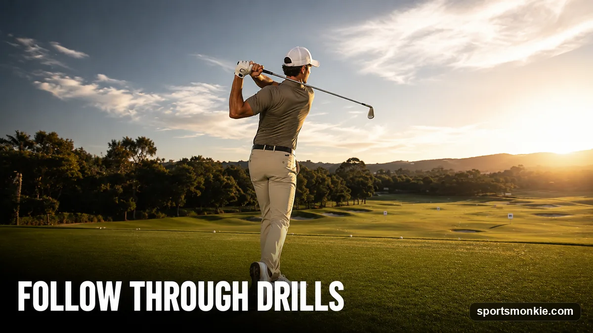 A golfer holding a balanced, fully rotated follow-through finish position on the range
