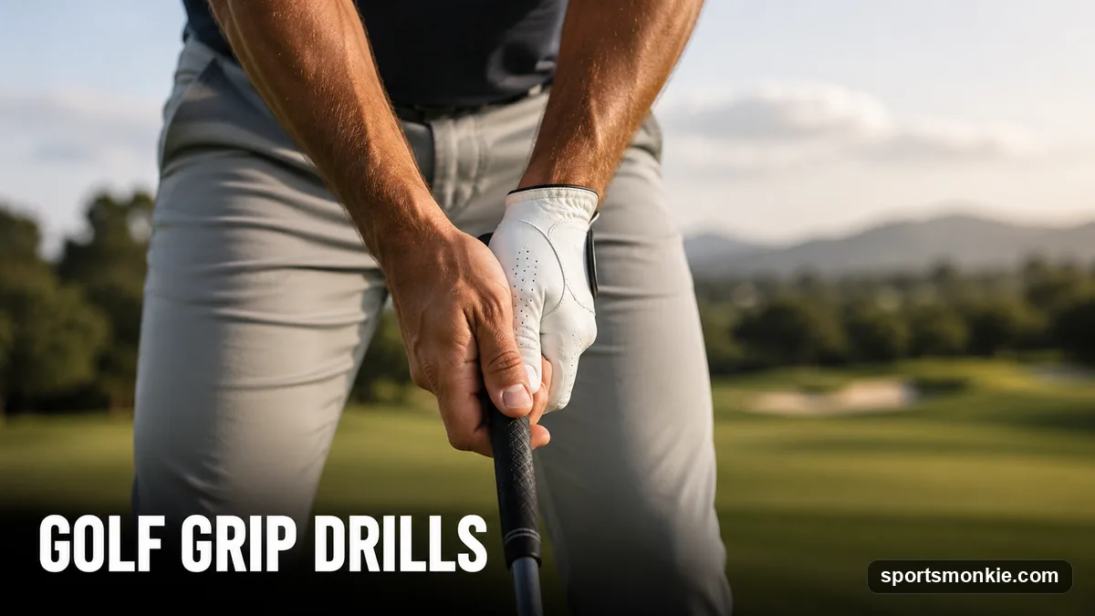 A golfer checking the two-knuckle view of a neutral golf grip during a grip drill