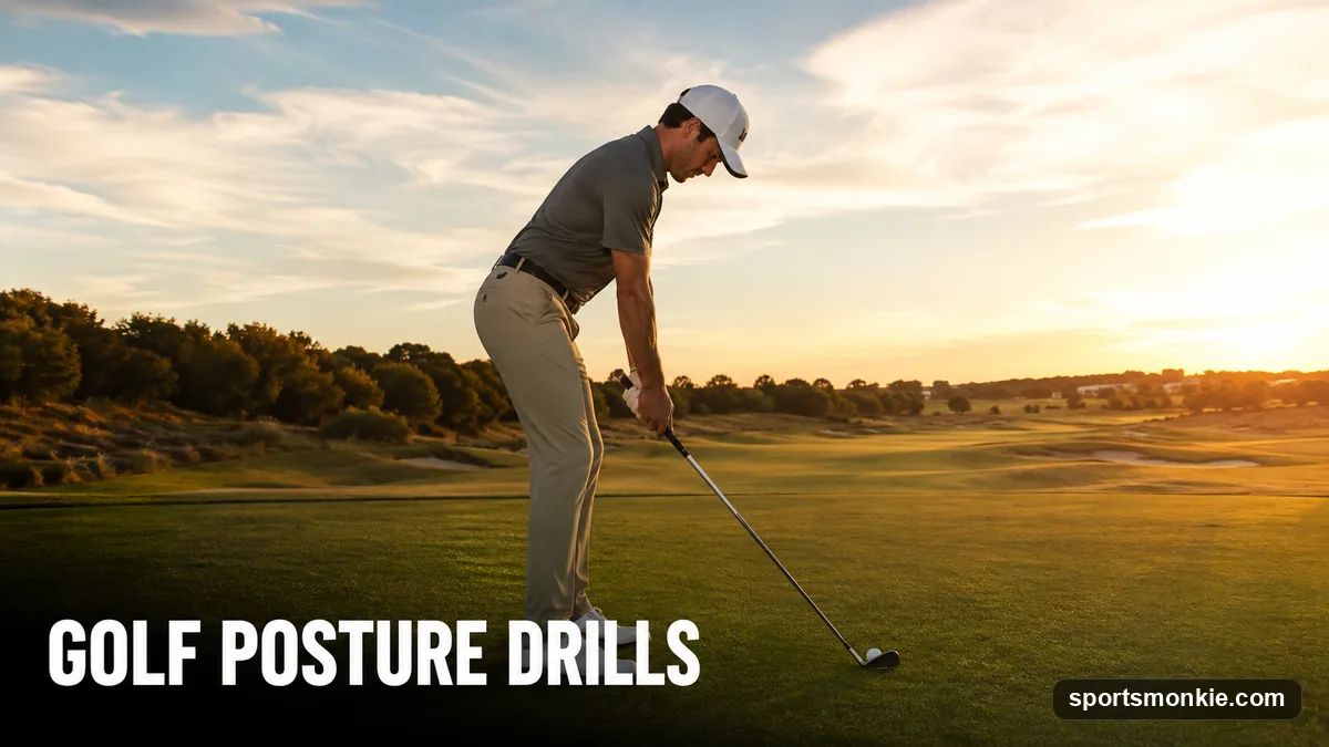 A golfer checking spine angle and forward tilt at address using a mirror on the range