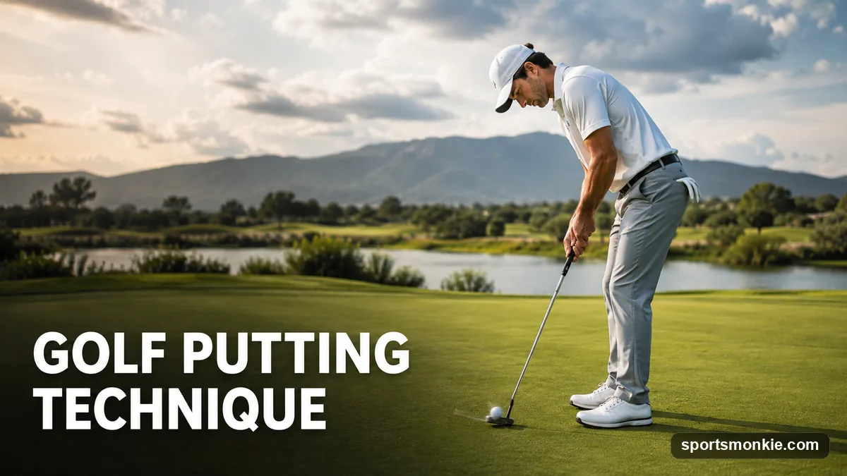 A golfer demonstrating proper putting technique with eyes over the ball and a shoulder-driven stroke