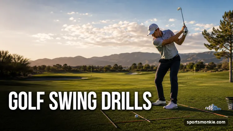 A golfer using an alignment stick drill on the range to fix swing path