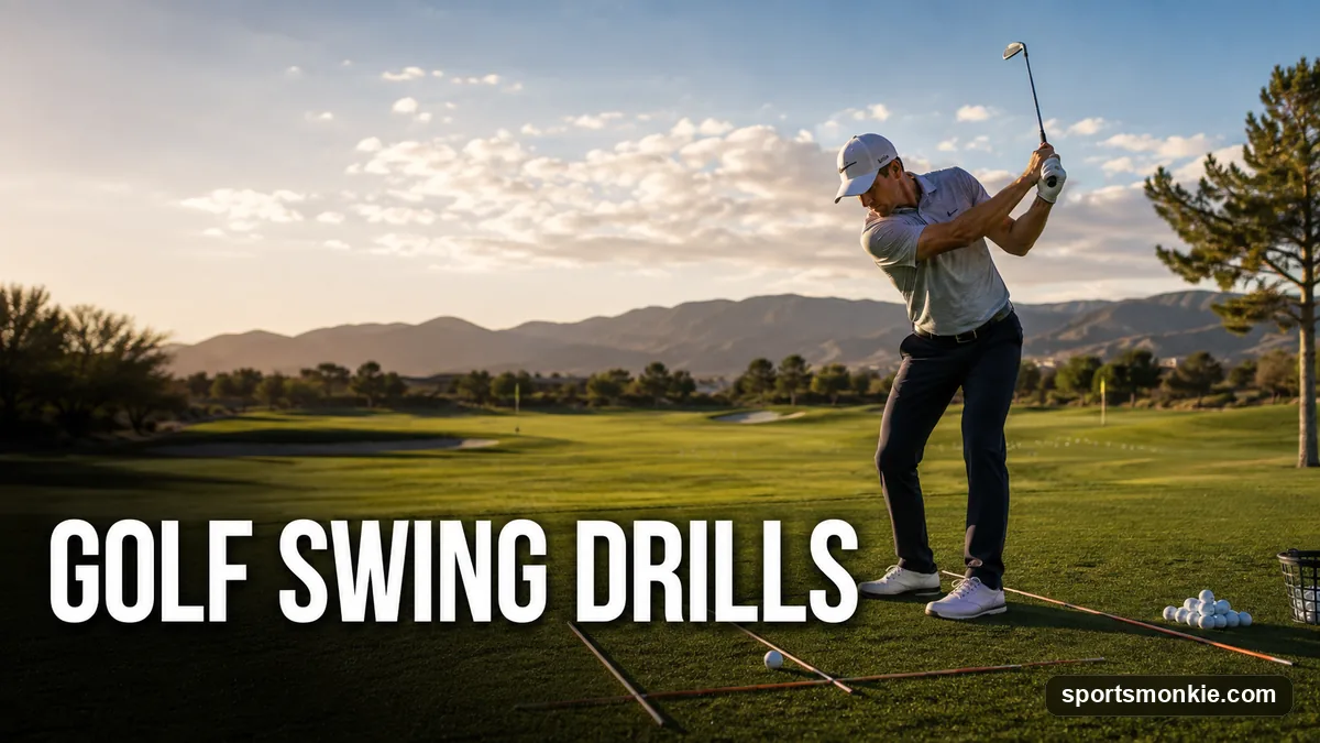 A golfer using an alignment stick drill on the range to fix swing path