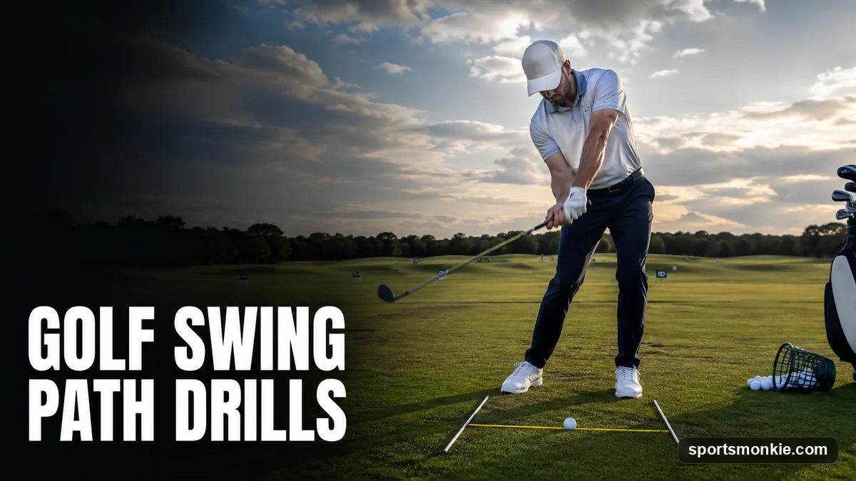 A golfer using a headcover drill on the range to train an in-to-out swing path