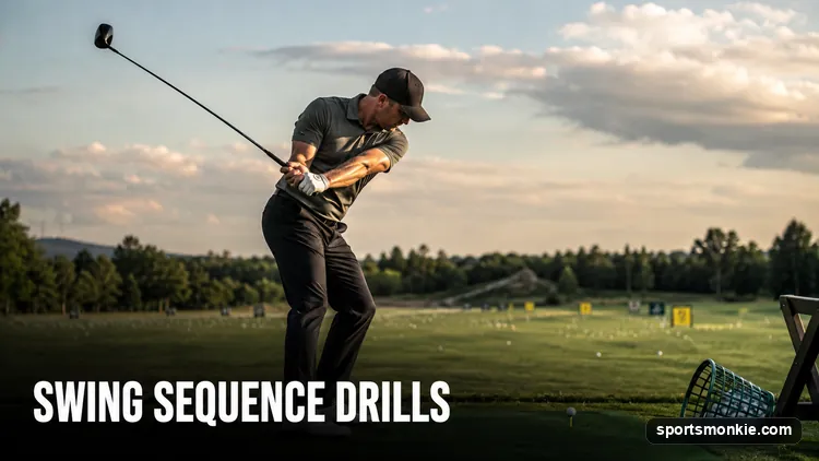 A golfer running a step-through sequence drill on the range to train a lower-body-first downswing