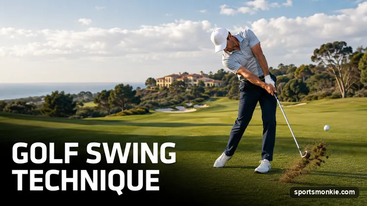 A golfer mid-downswing on the range showing correct hip rotation and hand position at impact
