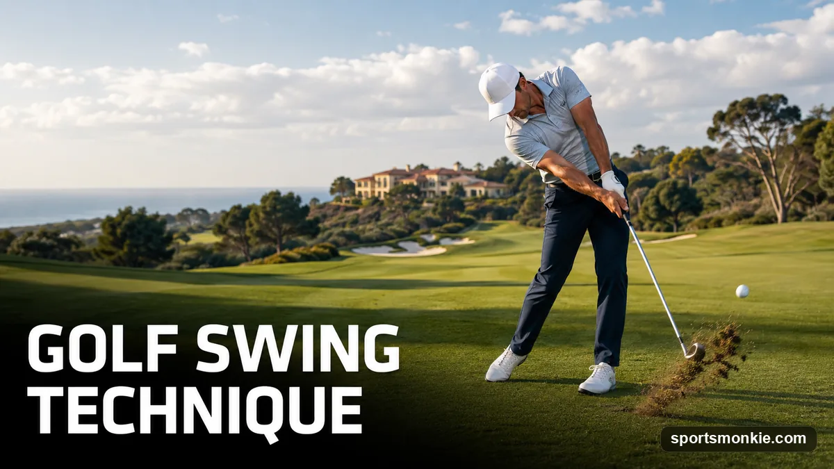 A golfer mid-downswing on the range showing correct hip rotation and hand position at impact