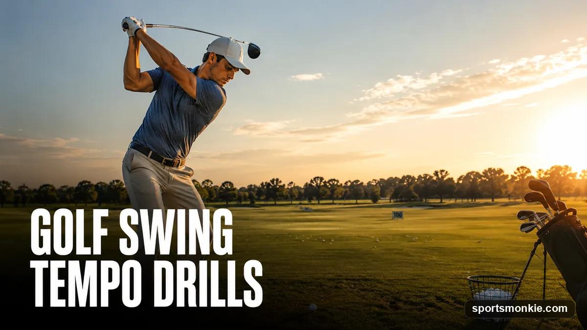 A golfer rehearsing swing tempo with a metronome and alignment stick on the practice range