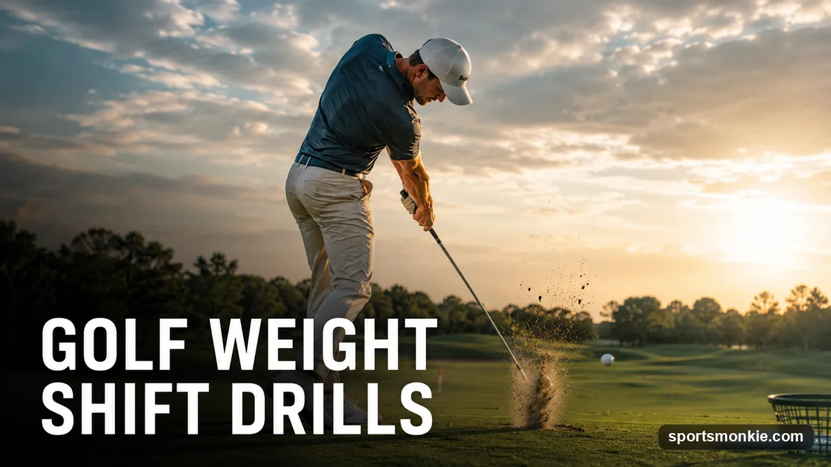 A golfer performing a step drill on the range to train golf weight transfer