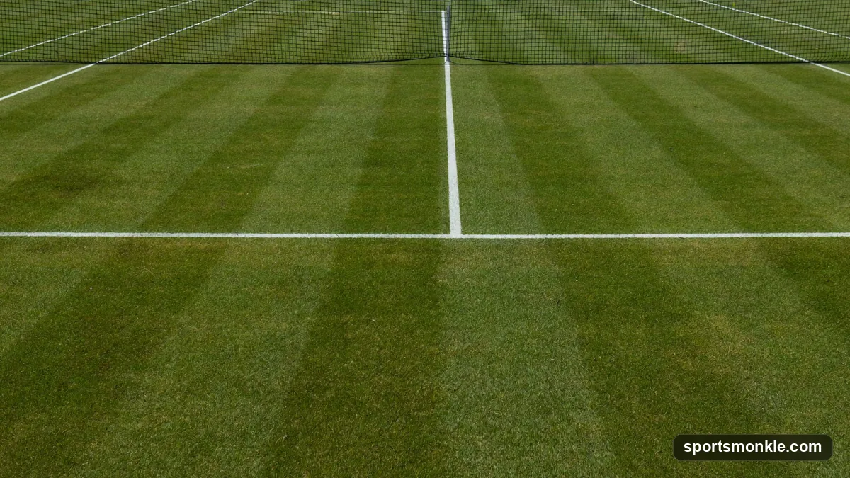 A tennis player serving and volleying on a freshly mown grass court at Wimbledon