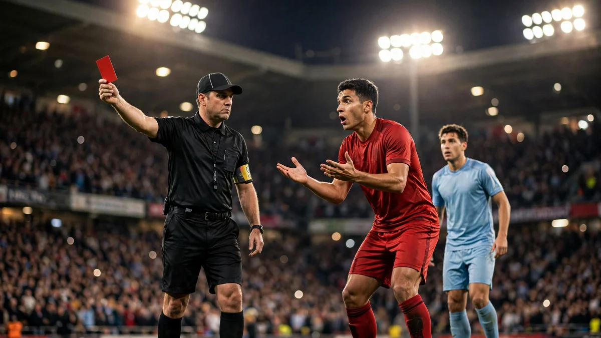 A generic referee holding up a red card toward a protesting midfielder in a red kit at a floodlit stadium, a player in light blue behind them, editorial graphic