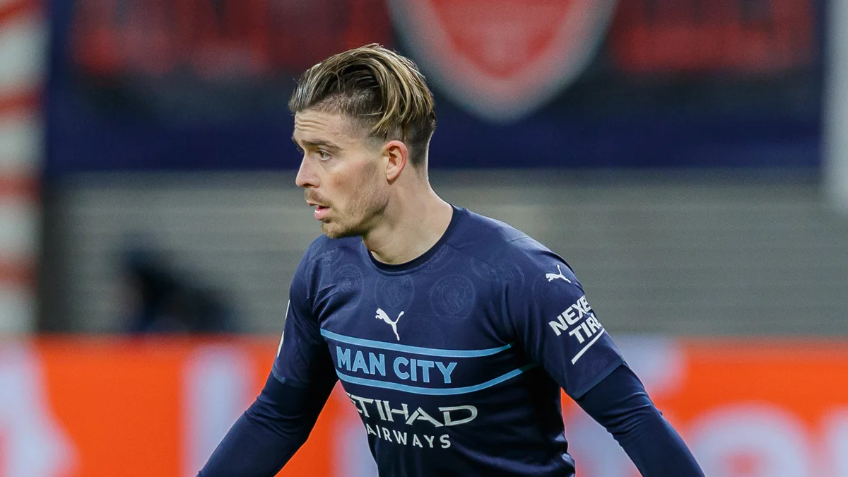 File photo from 7 December 2021: Jack Grealish playing for Manchester City against RB Leipzig in the Champions League. It was not taken at Everton and does not show the Newcastle cup tie or the disciplinary absence.