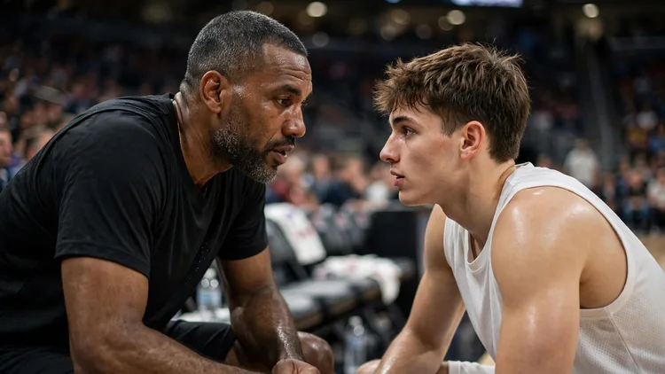 A veteran basketball player leaning in to give quiet sideline advice to a young rookie guard during a break in play, plain unbranded jerseys and a blurred arena crowd, editorial graphic. AI-generated illustration, not the Chase Center game or any real player.