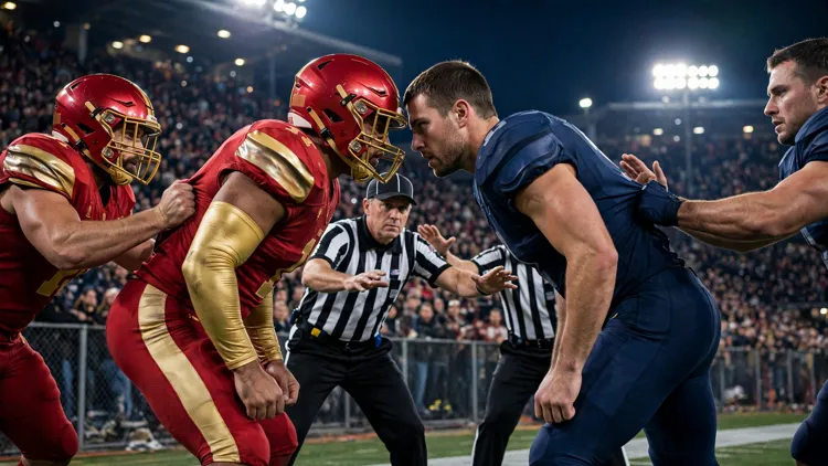 A generic helmeted linebacker in an unbranded red and gold uniform face to face with a bare-headed generic opponent in dark blue on a night-game sideline as referees step between them, editorial graphic