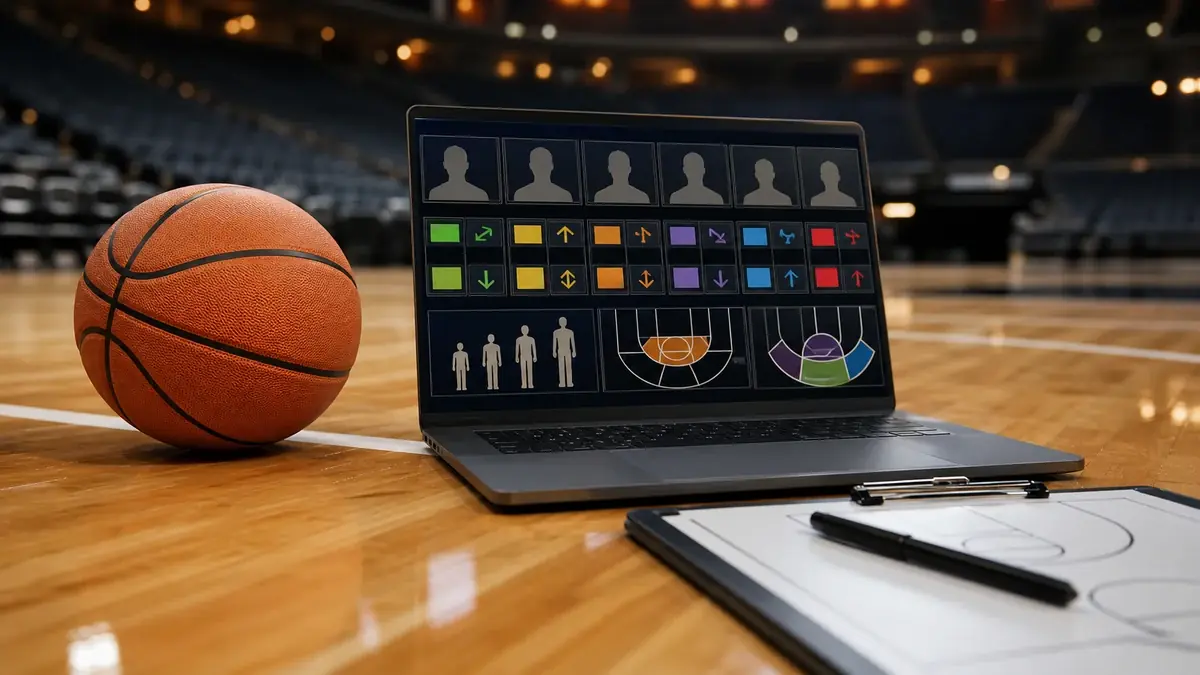 A basketball on a polished hardwood court beside a laptop showing a blank guessing grid