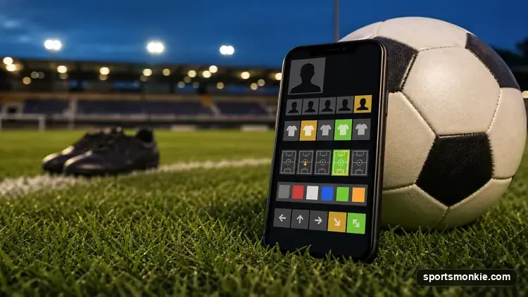 A soccer ball on grass beside a phone showing a blank guessing grid, evening light