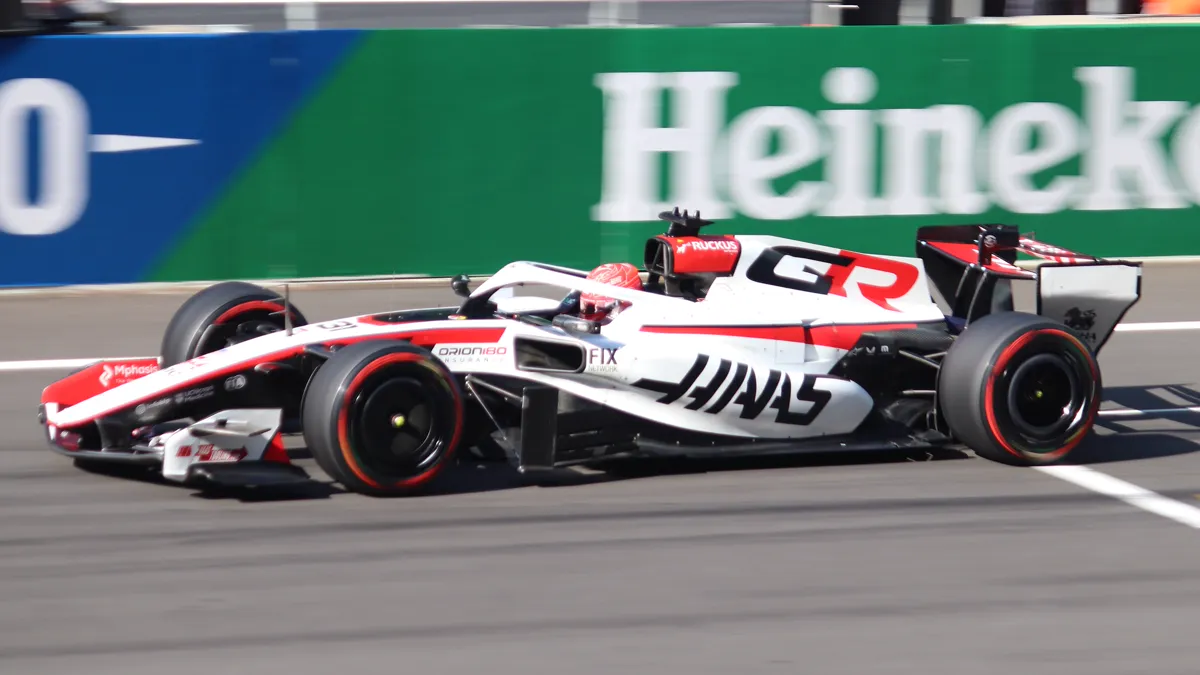 File photo from 14 March 2026: Esteban Ocon's Haas car at Chinese Grand Prix qualifying. It was not taken at the Mexico City Grand Prix and does not show the driver change or the radio dispute.