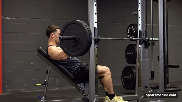 A lifter demonstrating proper machine hack squat form with back flat against the pad and thighs parallel
