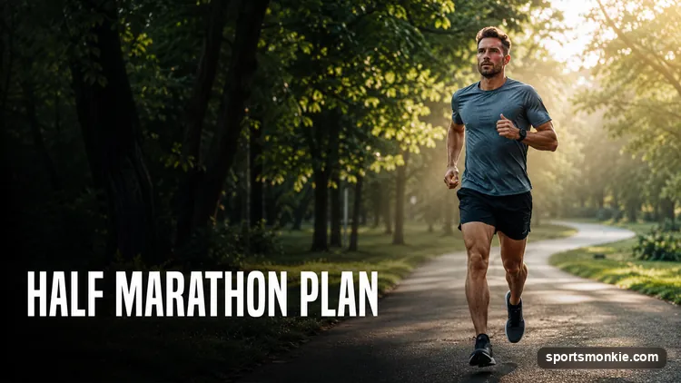 A runner on a road during a long training run, following a 12-week half marathon plan