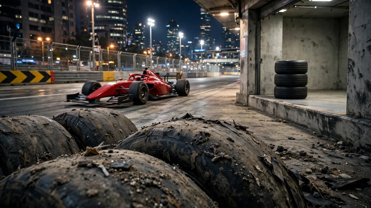 Worn, grainy race tyres in the foreground of a floodlit night street circuit pit lane, a fresh tyre stack waiting unused in an open pit box and a generic unbranded red open-wheel car driving past it, editorial graphic