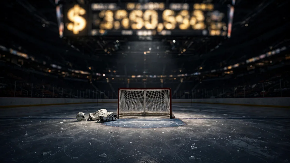 An empty hockey goal crease under a spotlight in a dark arena, plain white goalie pads and a mask left beside the net, with a glowing blurred dollar counter on the scoreboard above, editorial graphic