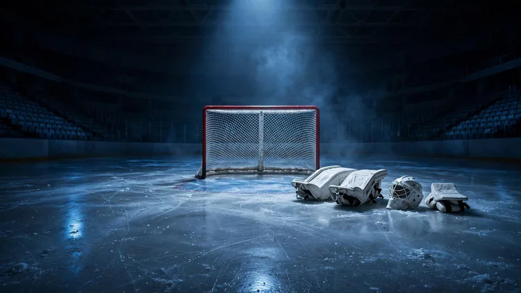 An empty hockey goal crease under a single spotlight in a dark arena, with plain white goalie pads, a mask and a blocker left on the ice beside the net, editorial graphic