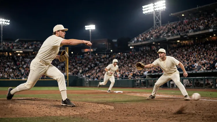 A generic pitcher in a plain cream uniform throwing wildly past a generic first baseman as the ball bounces into foul territory and a generic runner breaks for home from third, under stadium floodlights, editorial graphic