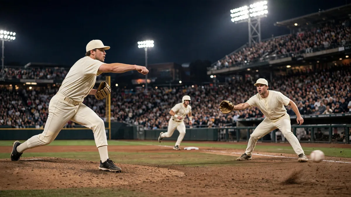 A generic pitcher in a plain cream uniform throwing wildly past a generic first baseman as the ball bounces into foul territory and a generic runner breaks for home from third, under stadium floodlights, editorial graphic