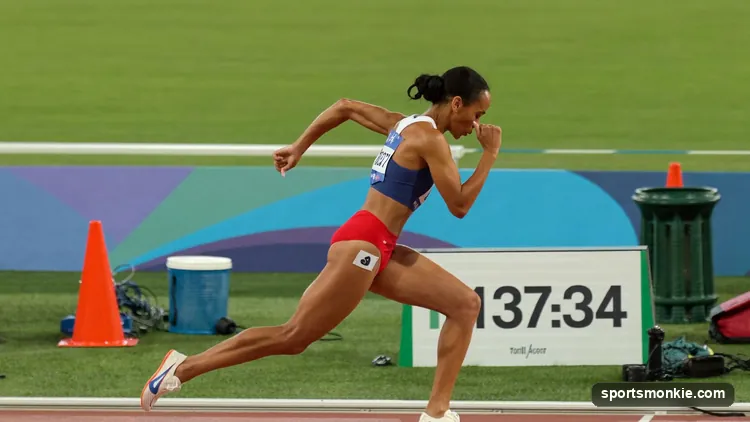 A female heptathlete competing across the combined events of track and field