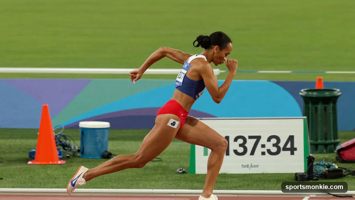 A female heptathlete competing across the combined events of track and field