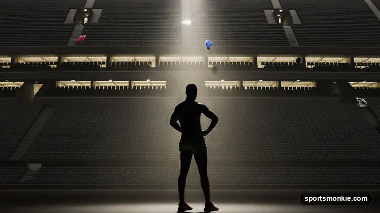 Stacks of money and a golden trophy under stadium lights symbolizing athlete wealth