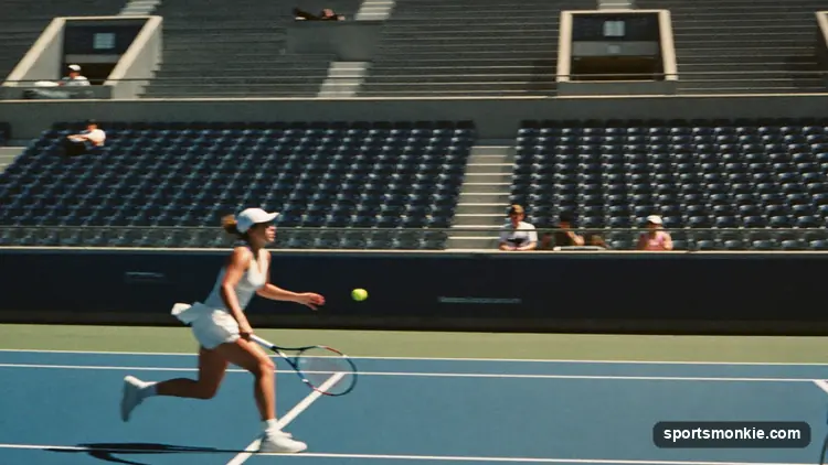 A professional female tennis player serving on a hard court during a Grand Slam night session