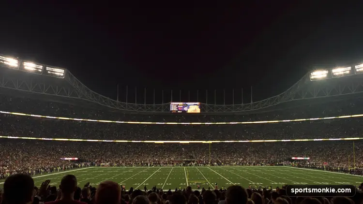 An NFL quarterback dropping back to pass under stadium lights during a night game