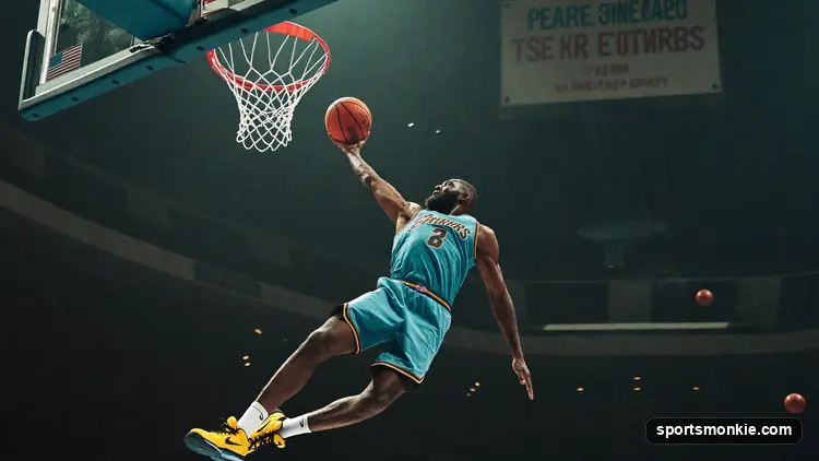 A basketball player leaping high above the rim to dunk in a spotlit arena
