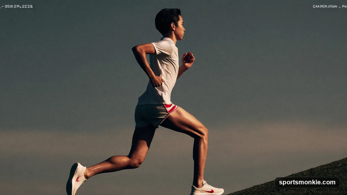 A runner powering up a steep grassy hill with a tall, driving stride